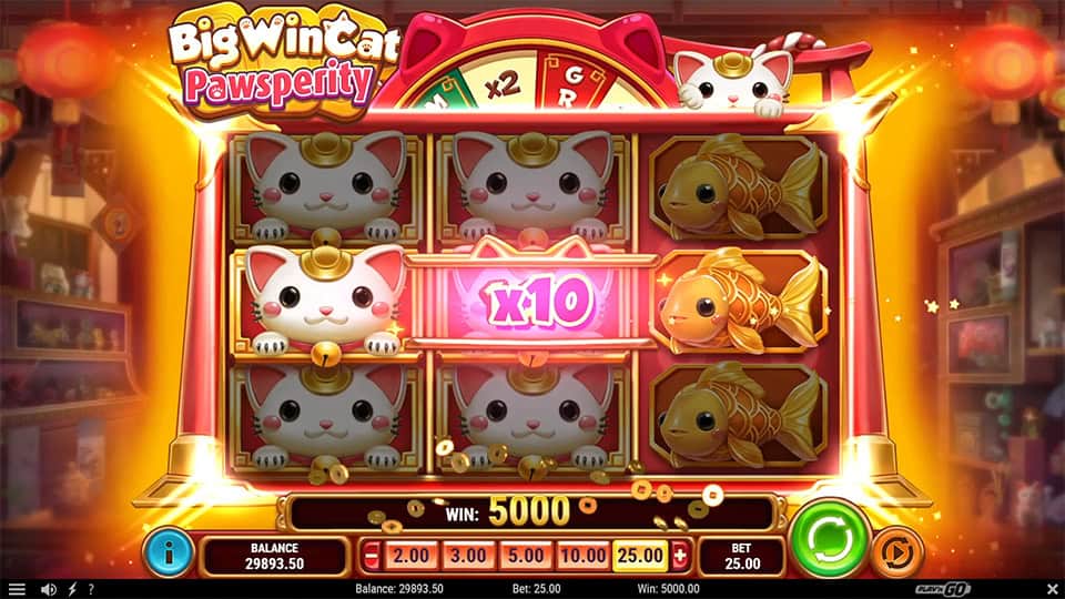 Big Win Cat Pawsperity slot showing x10 multiplier from wheel and full screen of cat and fish symbols.