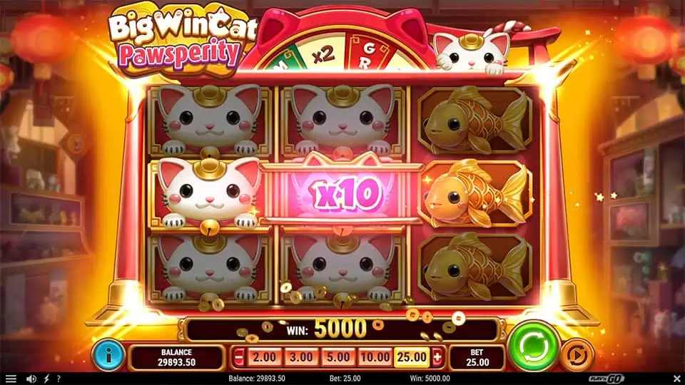 Big Win Cat Pawsperity slot showing x10 multiplier from wheel and full screen of cat and fish symbols.