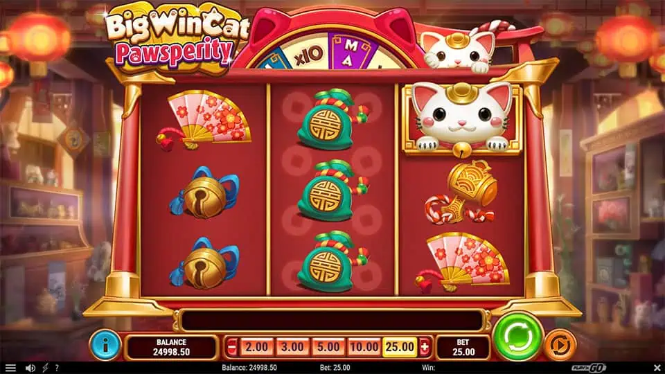 Big Win Cat Pawsperity slot grid with bells, fans, lucky charms, and waving cat symbols.