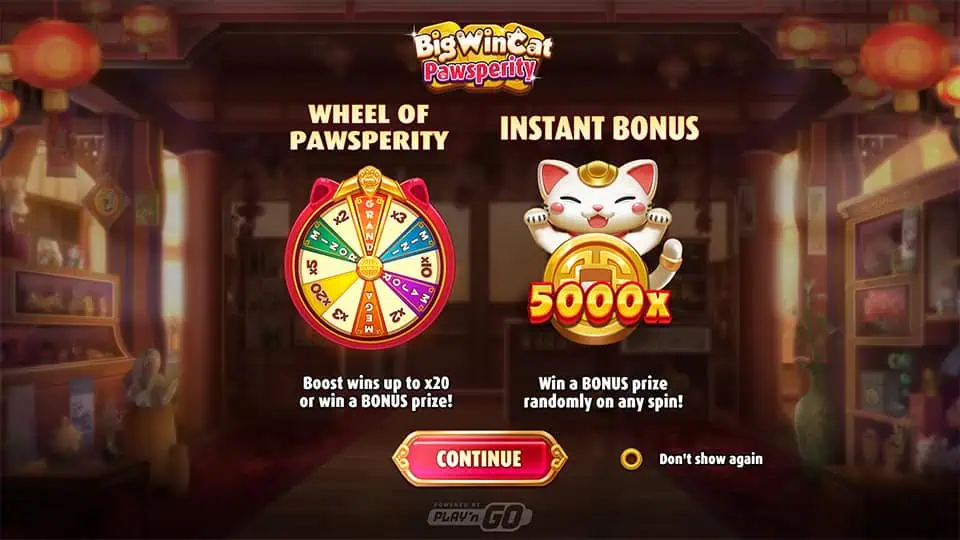 Big Win Cat Pawsperity homepage with Wheel of Pawsperity and Instant Bonus features.
