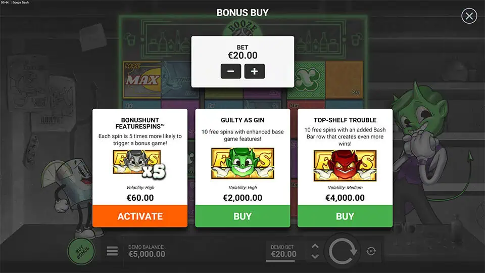 Bonus buy menu featuring Bonushunt, Guilty as Gin, and Top-Shelf Trouble with different volatility levels.