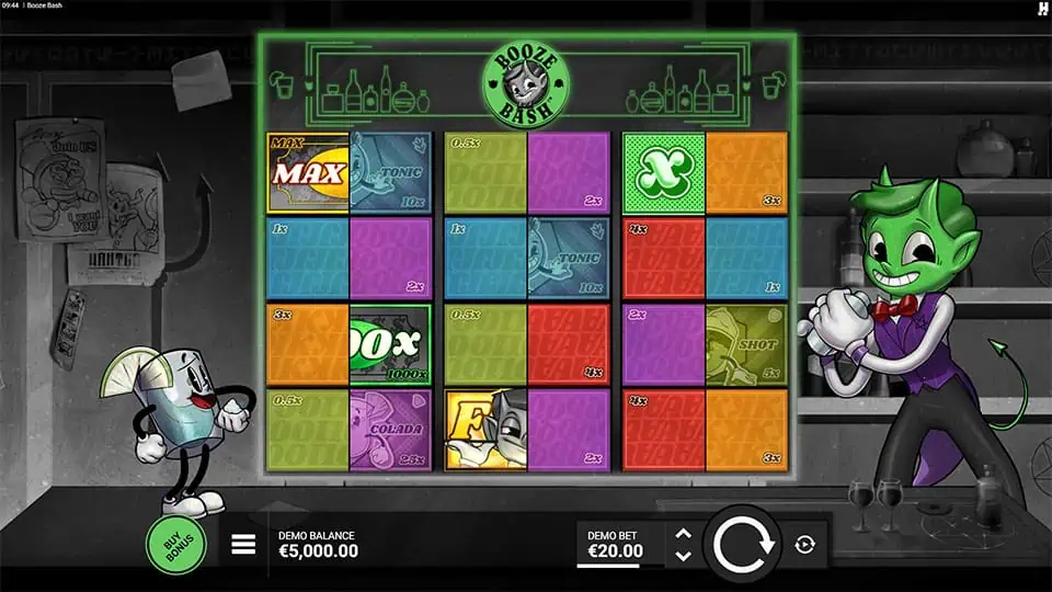 Base game screen featuring colorful symbol blocks, 1000x multiplier, and animated drink characters.