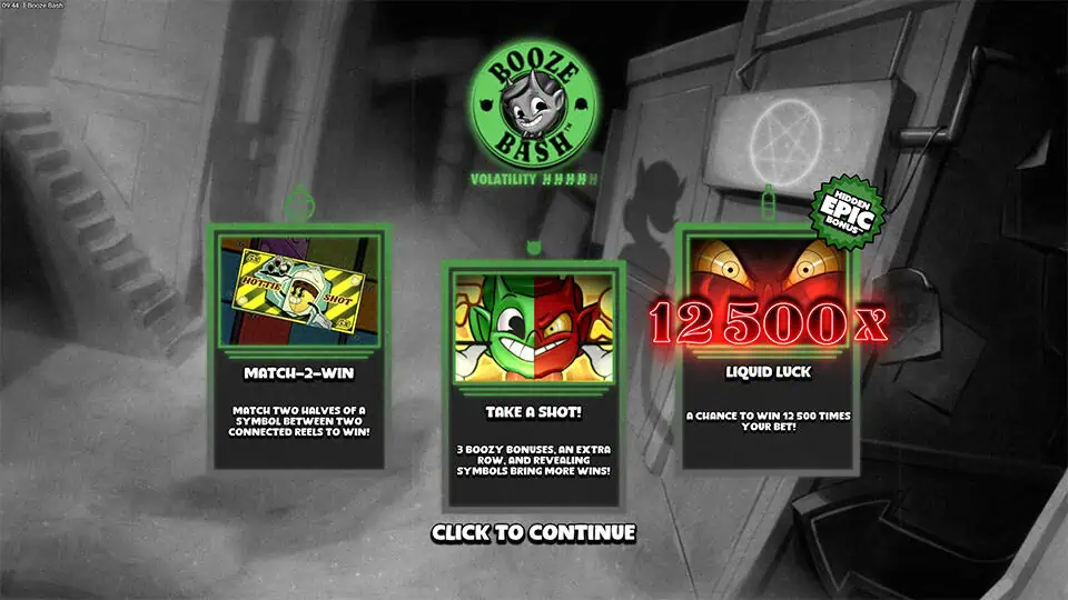 Intro screen explaining Match-2-Win, Take a Shot feature, and 12,500x Liquid Luck bonus.