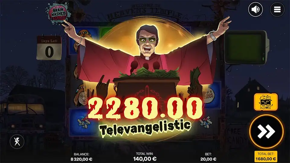 Big win of 2,280 in Brainwashed slot with the Televangelistic feature.