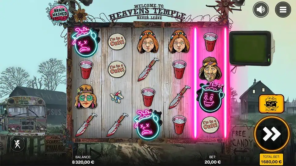 Brainwashed slot displaying three scatter symbols triggering the free spins bonus.