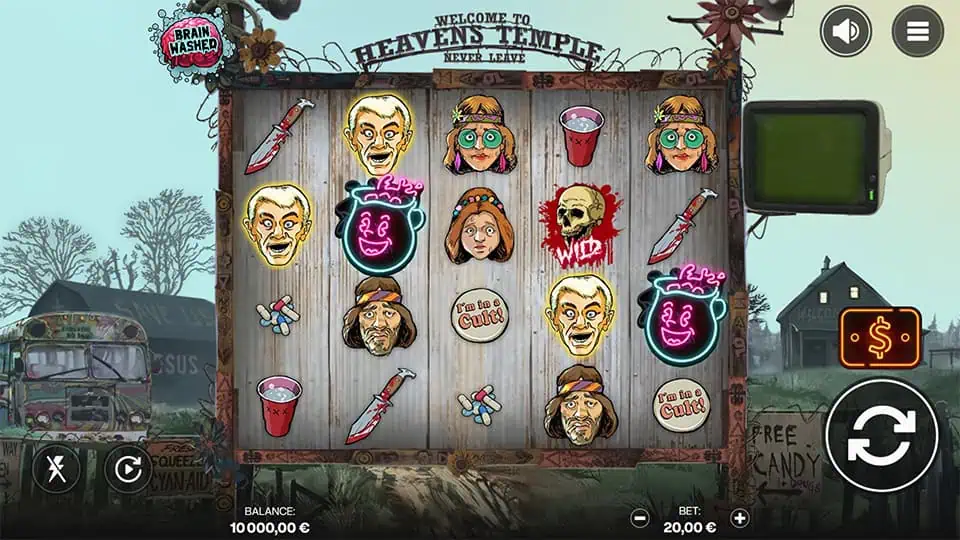 Brainwashed slot gameplay with various cult-themed symbols on the reels.