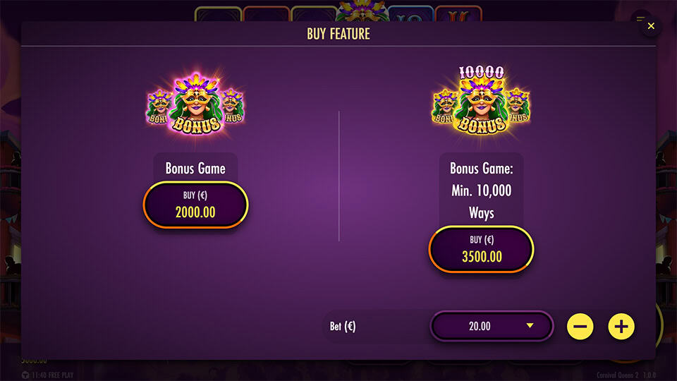 Bonus buy screen offering two free spins modes, including one with over 10,000 ways.