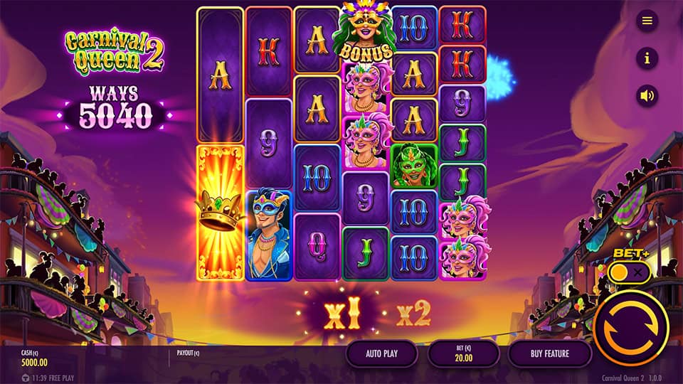 Slot grid with masks, queens, and multipliers under glowing lights and animated crowd.