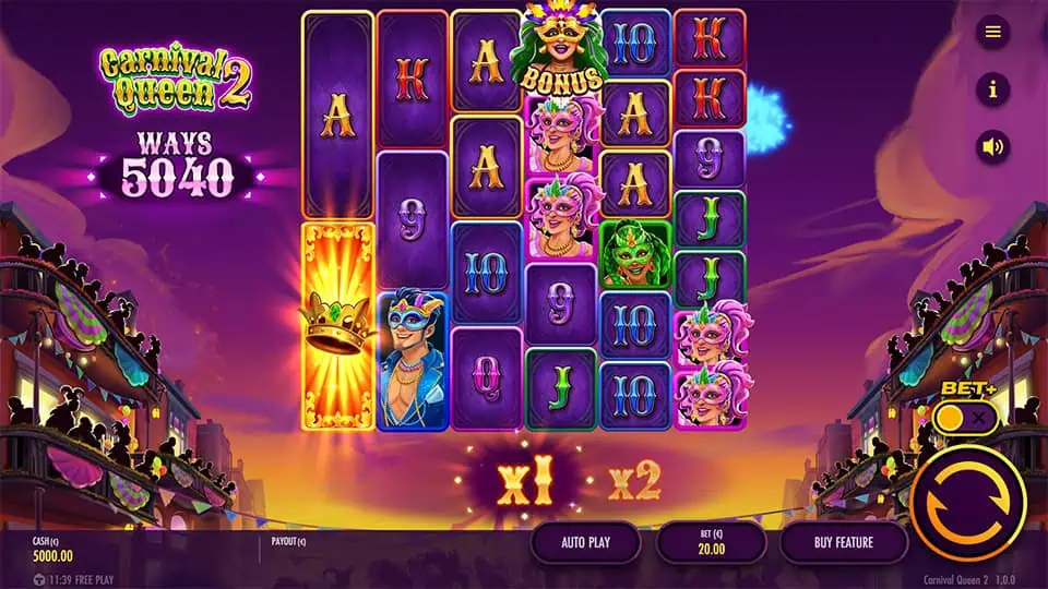 Slot grid with masks, queens, and multipliers under glowing lights and animated crowd.