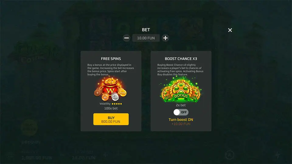 Clover Castle slot bonus buy menu, offering free spins purchase and boost chance options.