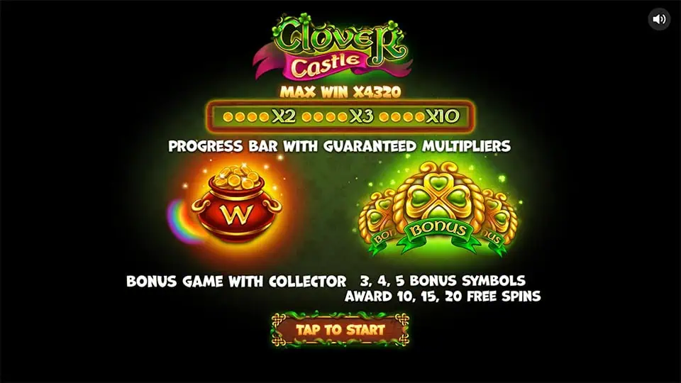 Clover Castle slot intro screen highlighting the progress bar multipliers and free spins feature.