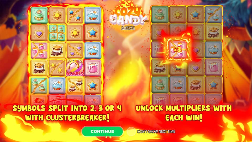 Cozy Candy ClusterBreaker introduction screen featuring the ClusterBreaker feature that splits symbols and highlights multipliers on wins.