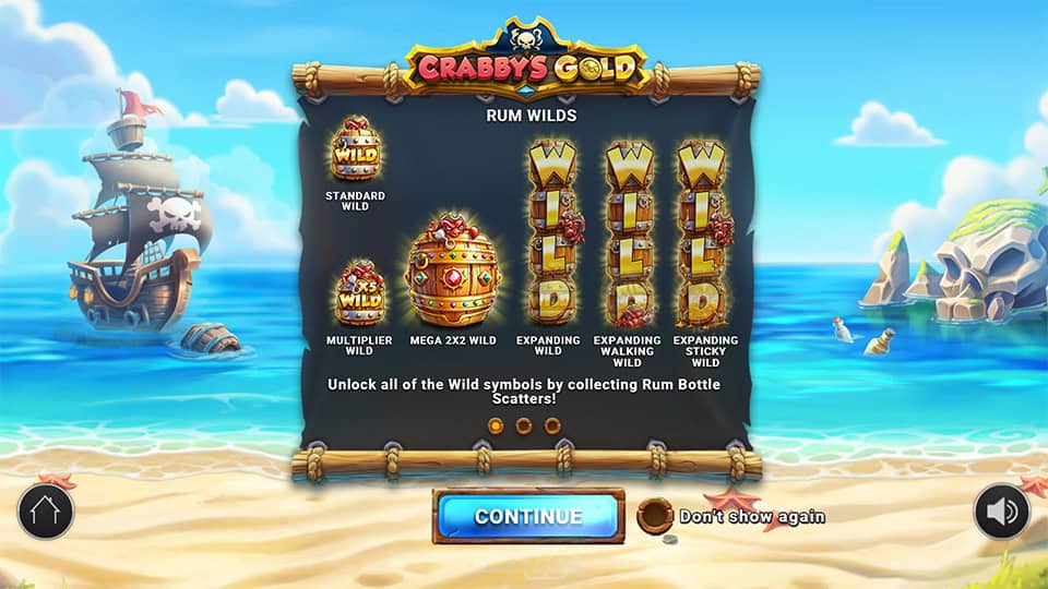 Crabby's Gold Slot feature screen showing standard wilds, multipliers, mega wilds, expanding, sticky, and walking wilds