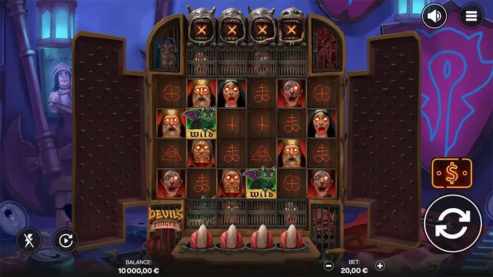 Devil's Finger slot base game screen with eerie symbols and locked reels.