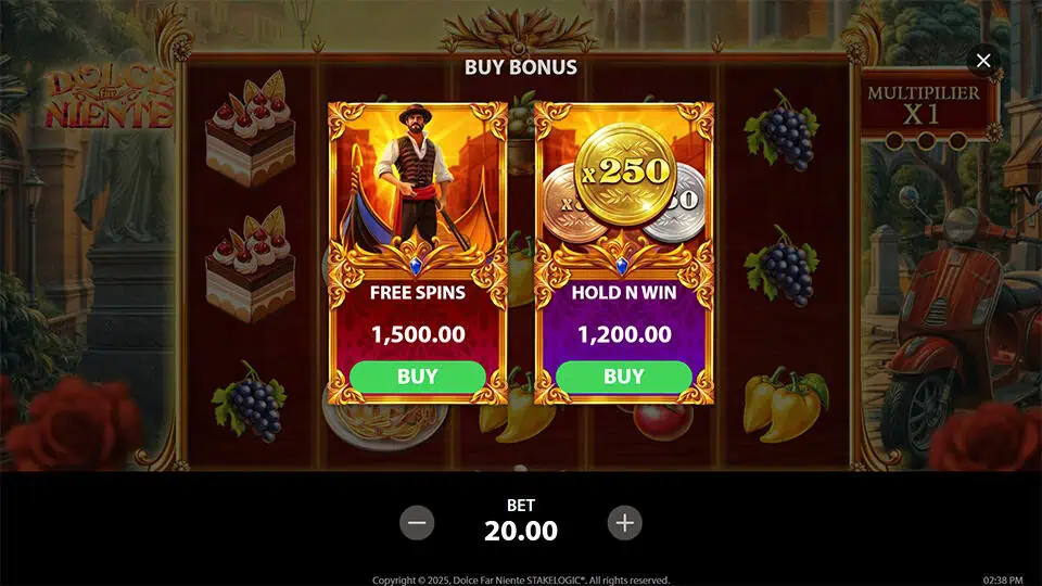Bonus buy menu with two highlighted features: Free Spins and Hold N Win, set on a rich game background.