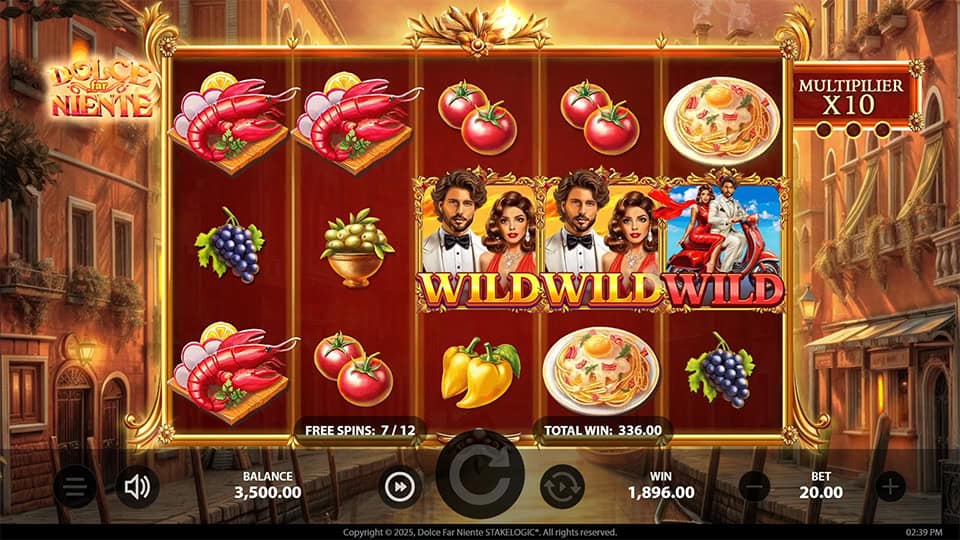 Slot reels packed with “WILD” symbols featuring suave characters during free spins, multiplier at x10, and a total win display.