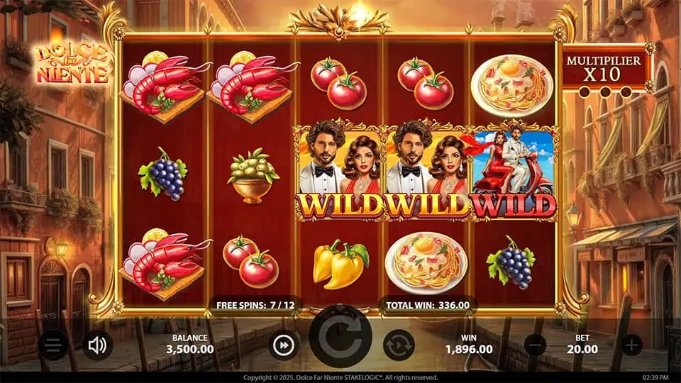 Slot reels packed with “WILD” symbols featuring suave characters during free spins, multiplier at x10, and a total win display.