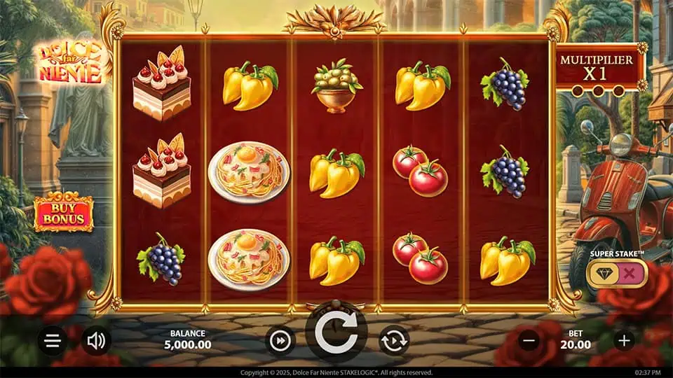 Game screen showing pasta, cake, fruits, and vegetable symbols on elegant golden reels with a multiplier tracker and bonus buy button.