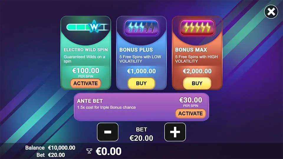 Bonus buy menu in Electro Cubes featuring Electro Wild Spin, Bonus Plus, and Bonus Max with different volatility levels.