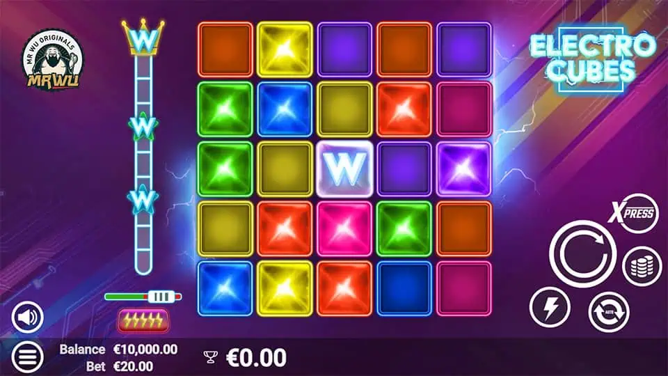 Base game of Electro Cubes featuring glowing cubes in vibrant colors and a vertical wild collection meter on the left.