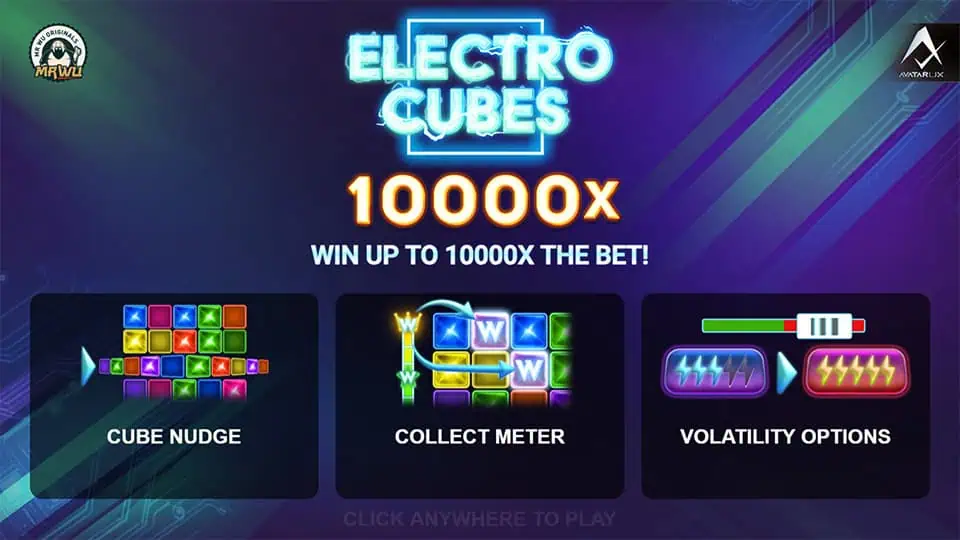 Electro Cubes homepage highlighting Cube Nudge, Collect Meter, and Volatility options with win potential up to 10,000x bet.