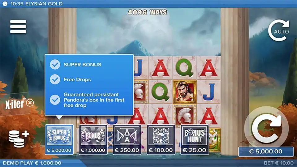 Bonus buy menu with Super Bonus, Bonus Hunt, and other selectable options.