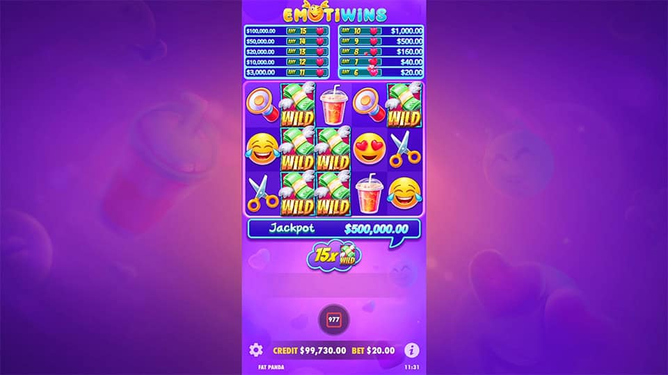 Emotiwins slot feature showing multiple wild symbols covering the reels.