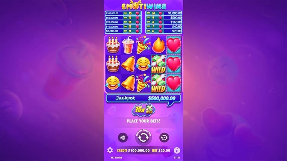 Emotiwins slot game screen showing reels with emojis, wild symbols, and jackpot values.