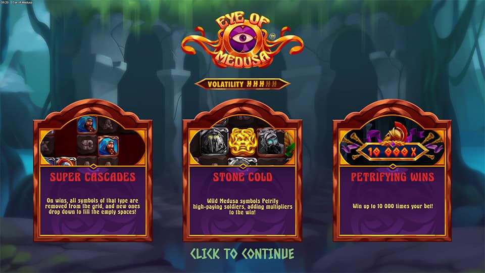 Intro screen with Super Cascades, Stone Cold petrify feature, and max win of up to 10,000x bet.