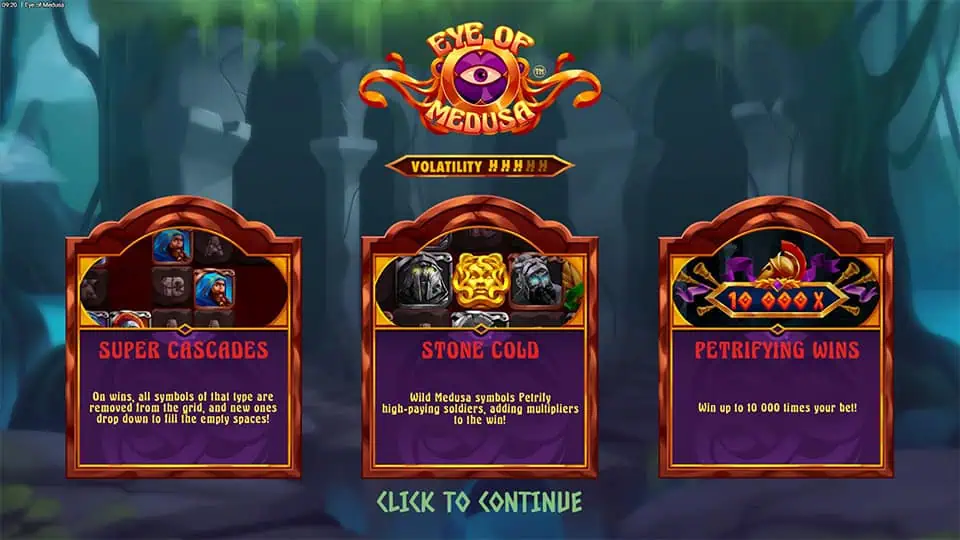 Intro screen with Super Cascades, Stone Cold petrify feature, and max win of up to 10,000x bet.