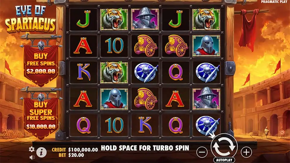 Base game screen showing reels with gladiator helmets, tigers, and chariots inside a coliseum arena.
