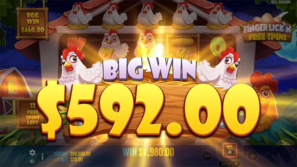 Big Win message showing $592.00 with hens on reels and golden glow, during free spins bonus round.