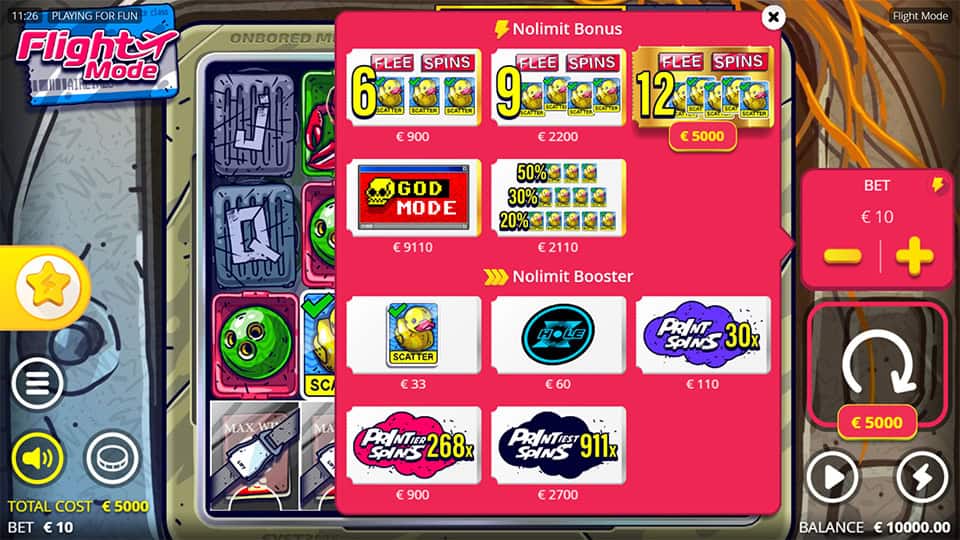 Feature buy menu with Free Spins packages, God Mode, and boost options displayed in red.