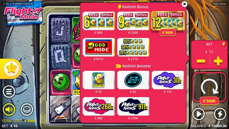 Feature buy menu with Free Spins packages, God Mode, and boost options displayed in red.