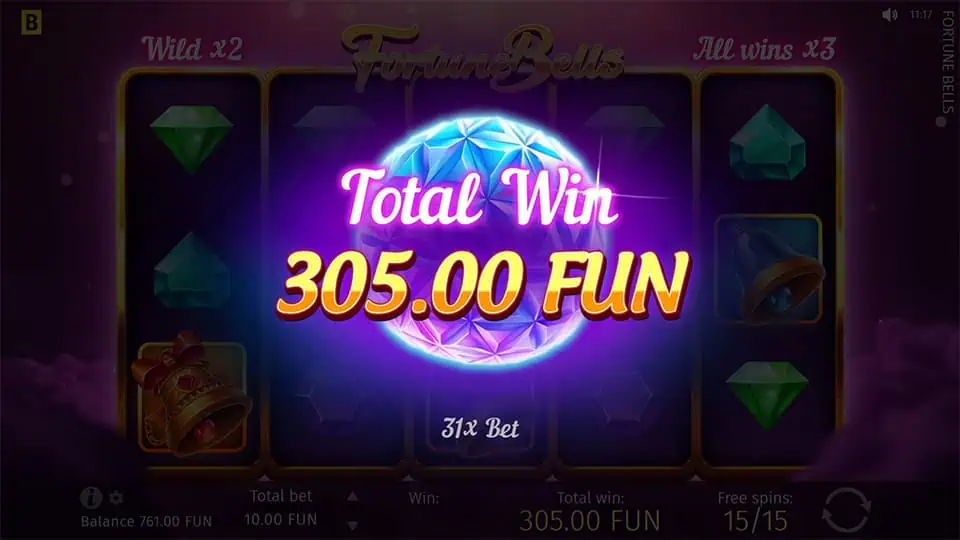 Total Win screen in Fortune Bells slot displaying a 305 payout.