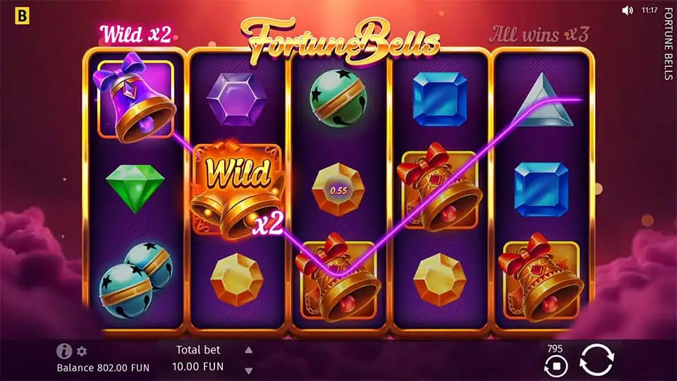 Wild x2 symbol appearing on reel 2 in Fortune Bells slot, boosting potential wins.