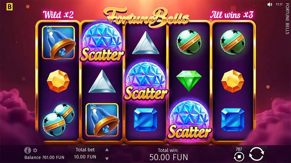 Three Scatter symbols appearing in Fortune Bells slot, triggering the Free Spins Bonus round.