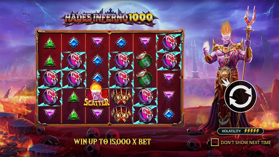 Hades Inferno 1000 homepage introducing 15,000x max win potential, scatter triggers, and fiery high-volatility design.