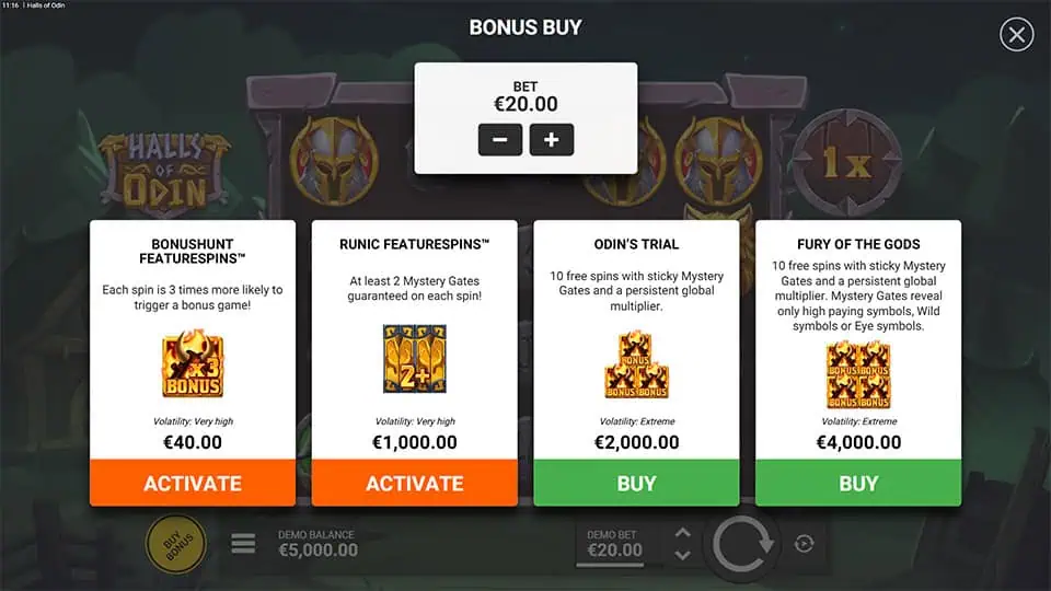 Bonus buy menu offering multiple feature buy choices, including guaranteed Mystery Gates, Odin’s Trial free spins, and Fury of the Gods mode.