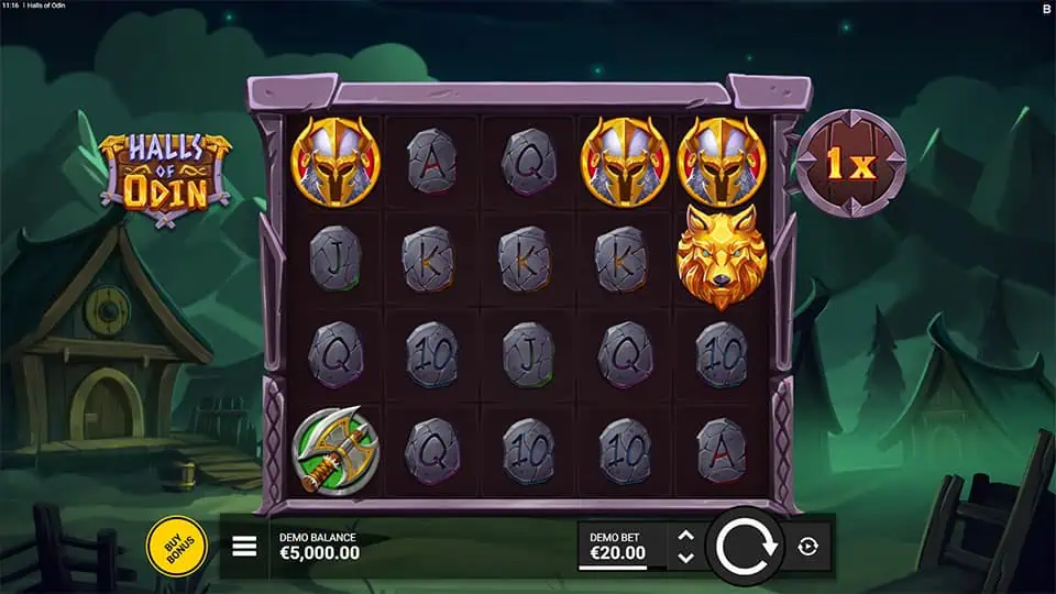 Base game reels featuring Viking helmets, wolves, axes, and rune stones with multiplier tracker on the side.