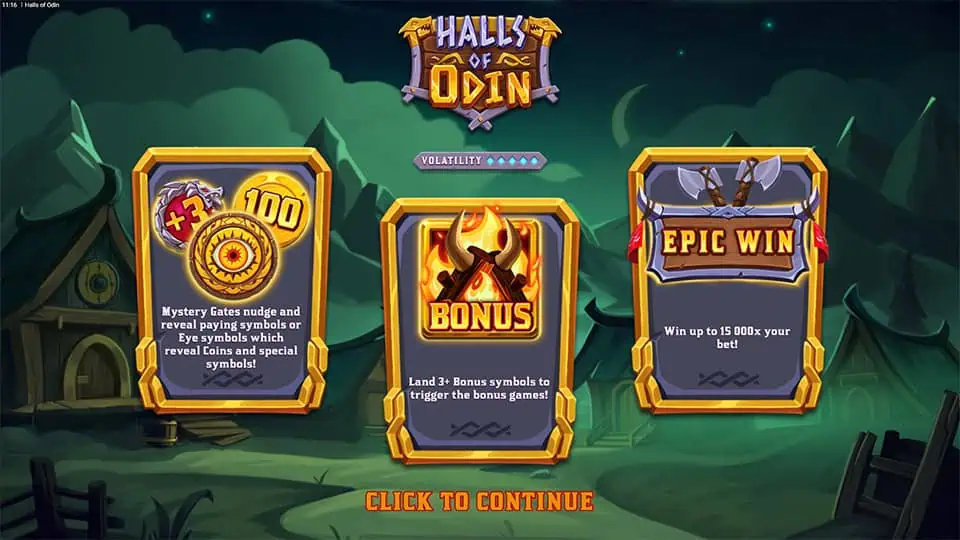 Intro screen highlighting Halls of Odin’s main features: Mystery Gates, bonus game triggers, and maximum win potential.
