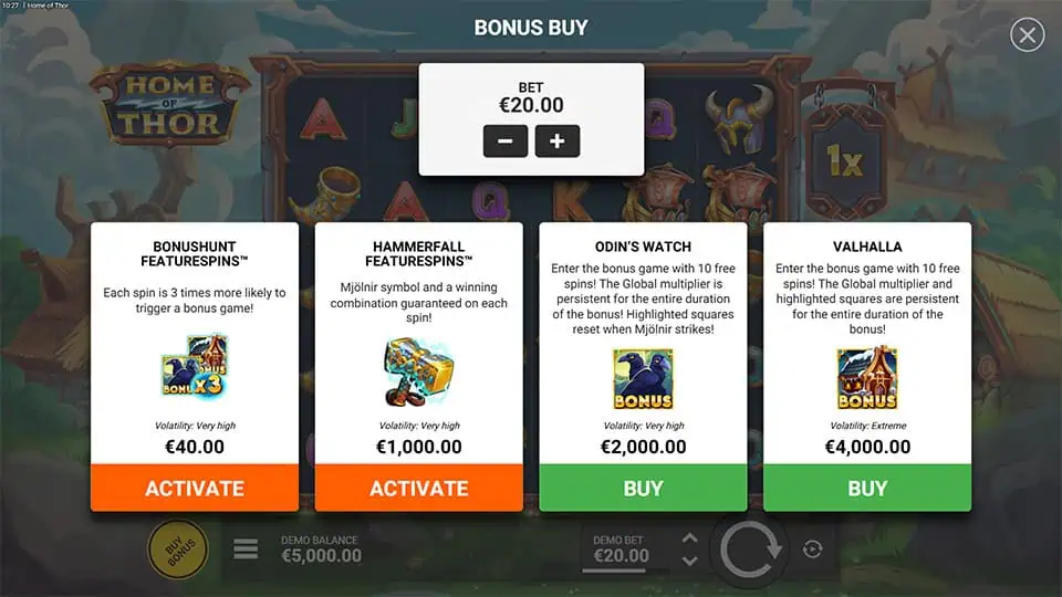 Bonus Buy screen with 4 Thor-themed features, including Bonushunt, Hammerfall, and Valhalla.