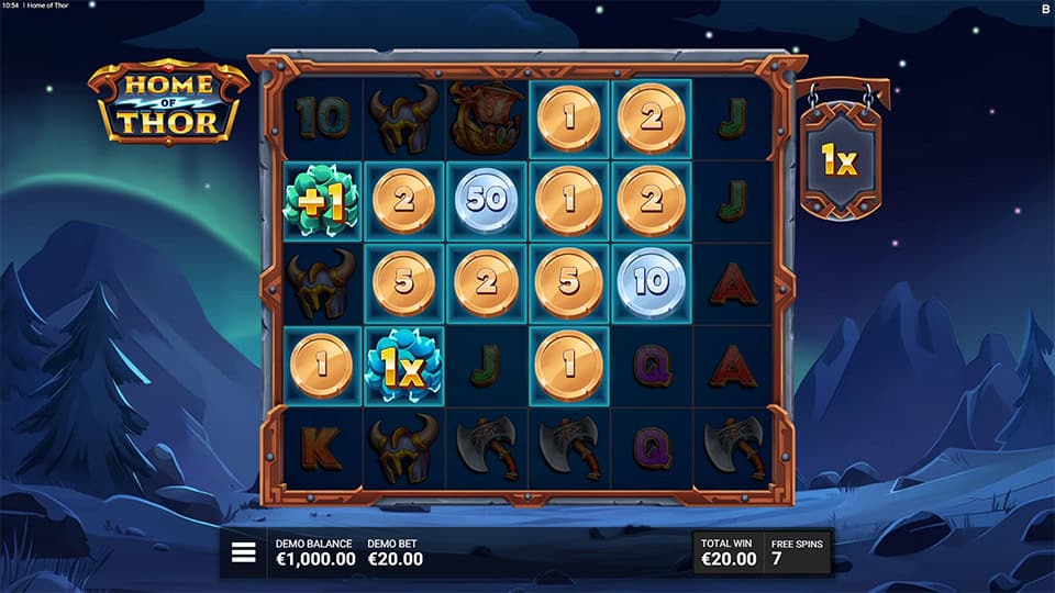 Grid with coin values, multipliers, and Mjolnir symbols activating cash prizes.