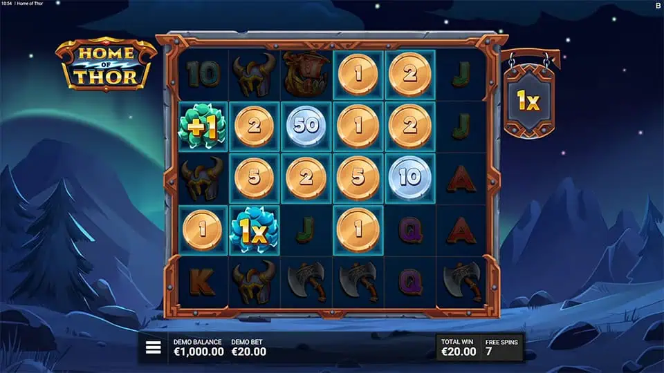 Grid with coin values, multipliers, and Mjolnir symbols activating cash prizes.