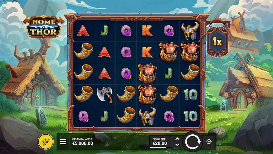 Slot grid with Viking-themed symbols like horns, helmets, and axes, with a multiplier meter on the side.