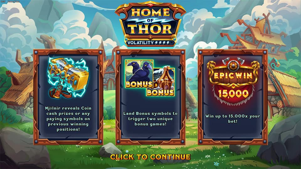 Home of Thor slot intro showing features like bonus games, Mjolnir prizes, and up to 15,000x wins.