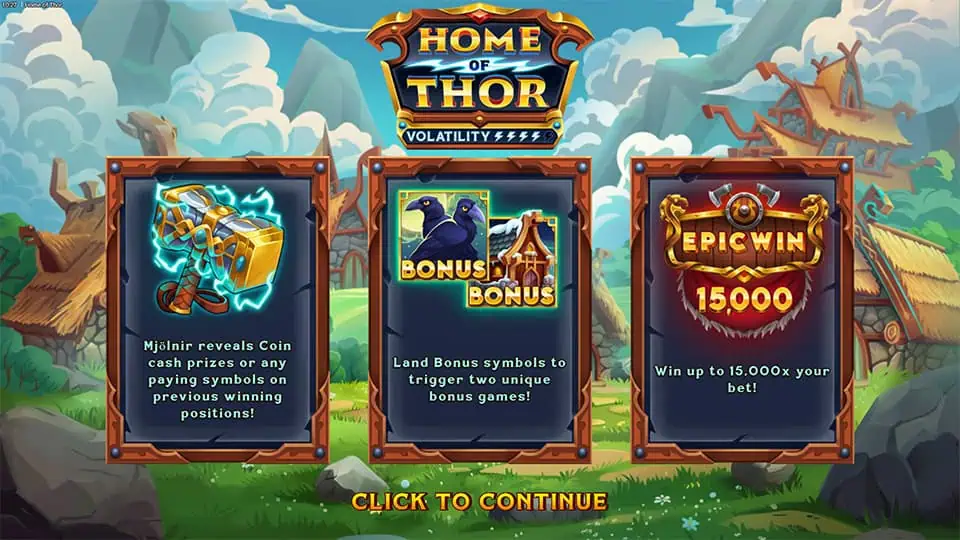Home of Thor slot intro showing features like bonus games, Mjolnir prizes, and up to 15,000x wins.
