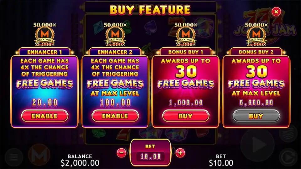 Bonus Buy feature in Joker Jam slot offering four different purchase options for instant bonus access.