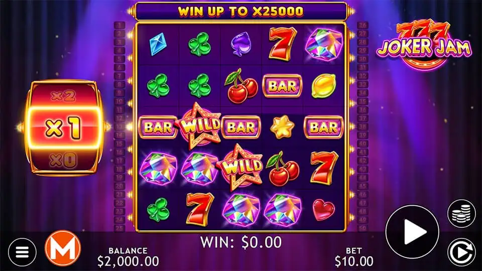 Joker Jam slot gameplay view showcasing reels with classic symbols like 7s, BARs, cherries, and Wild stars on a vibrant purple background.