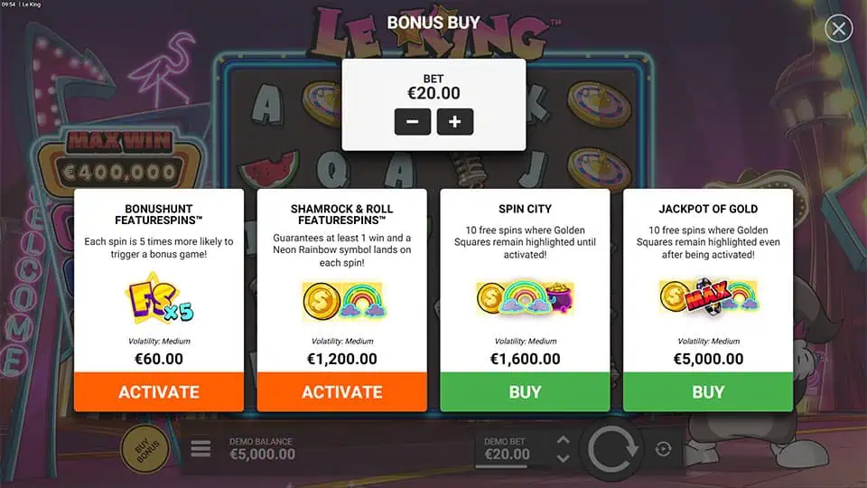 Bonus Buy screen in Le King slot with four feature options and adjustable bet at top.